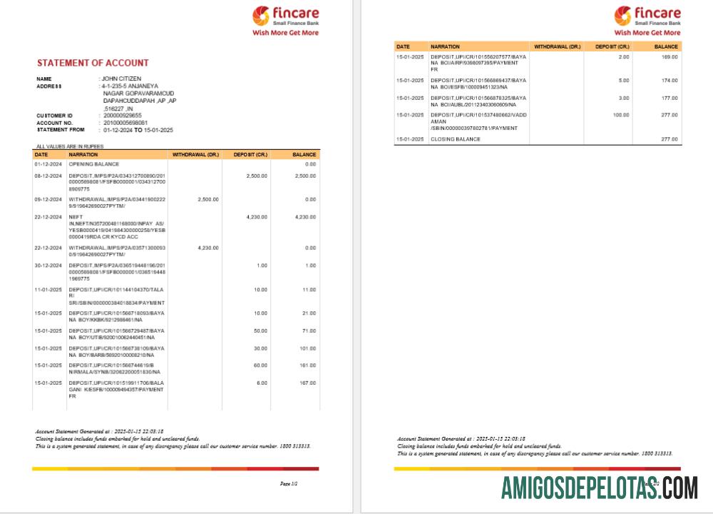 Modelo realista de extrato bancário INDIA FINCARE, formato Word e PDF, versão 2